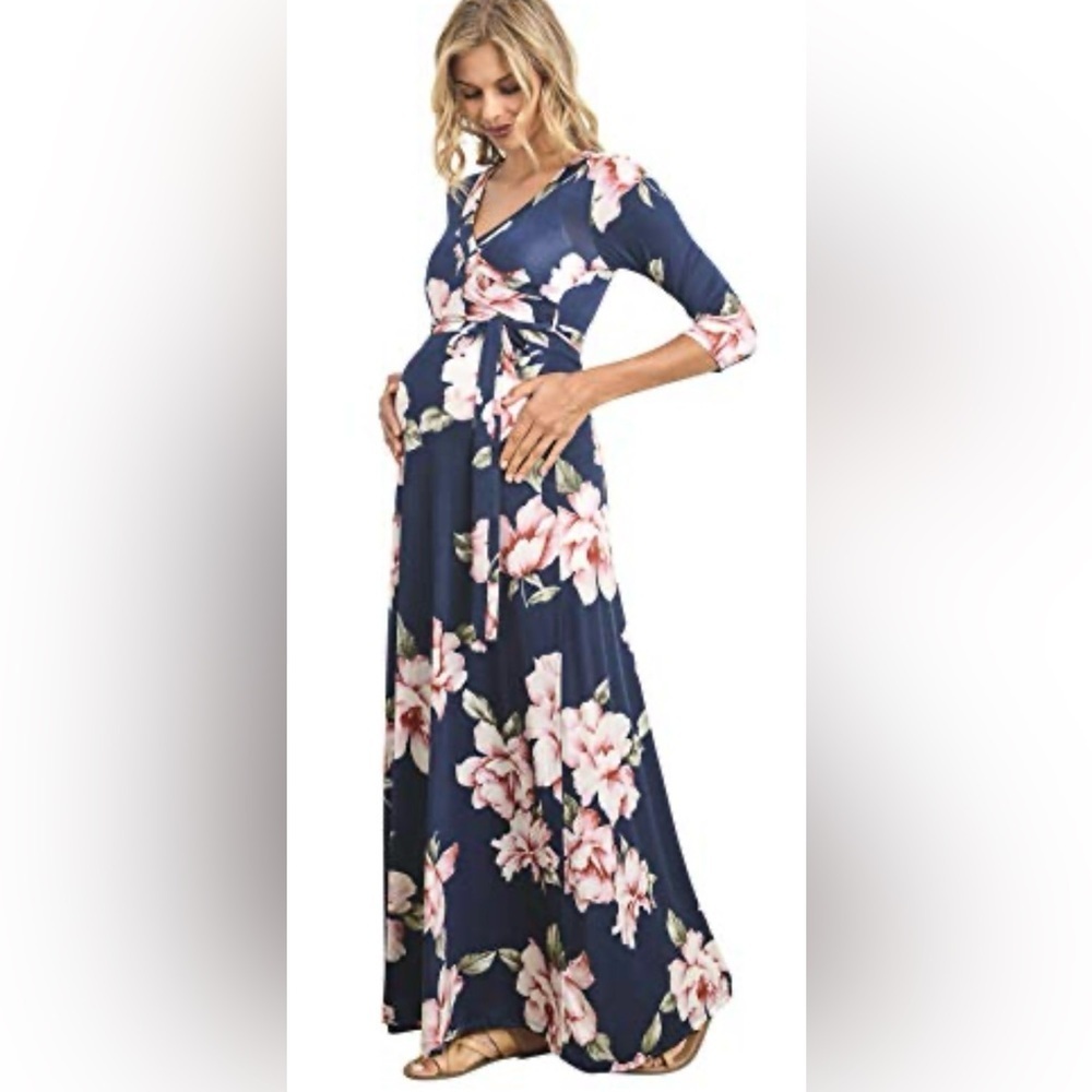 Hello Miz Maternity Maxi Faux Wrap Dress in Blue Hawaiian Floral Size Medium​​​​